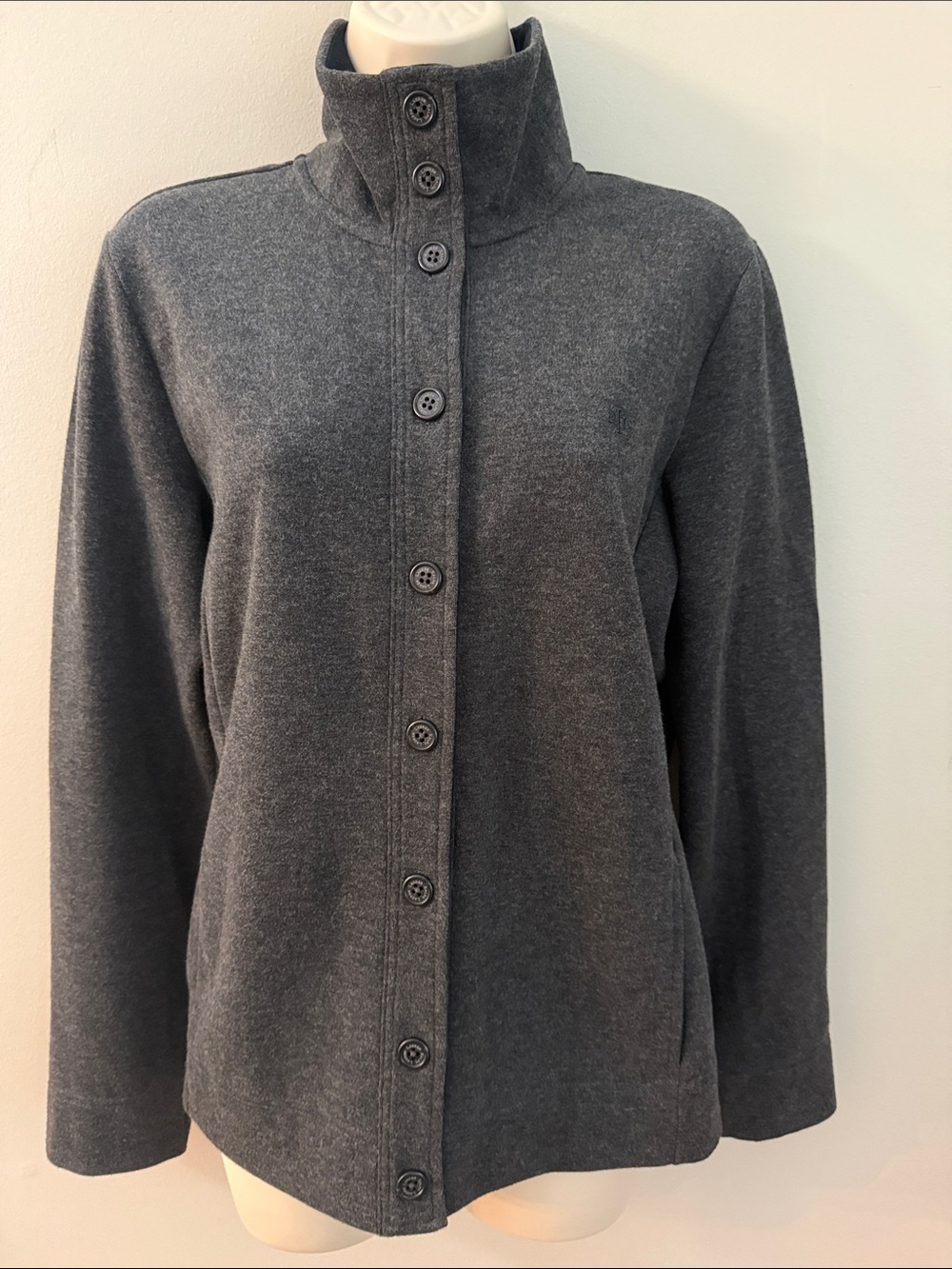 Lauren Ralph Lauren Charcoal Button-Up Funnel Neck Sweater
